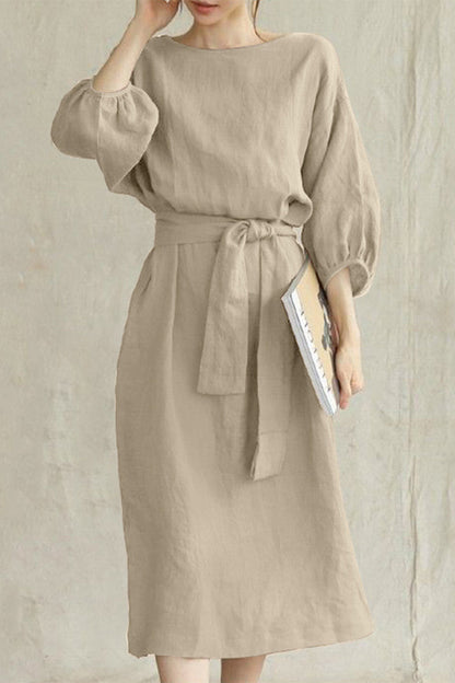 Modern Linen Blend Midi Dress with Tie Waist