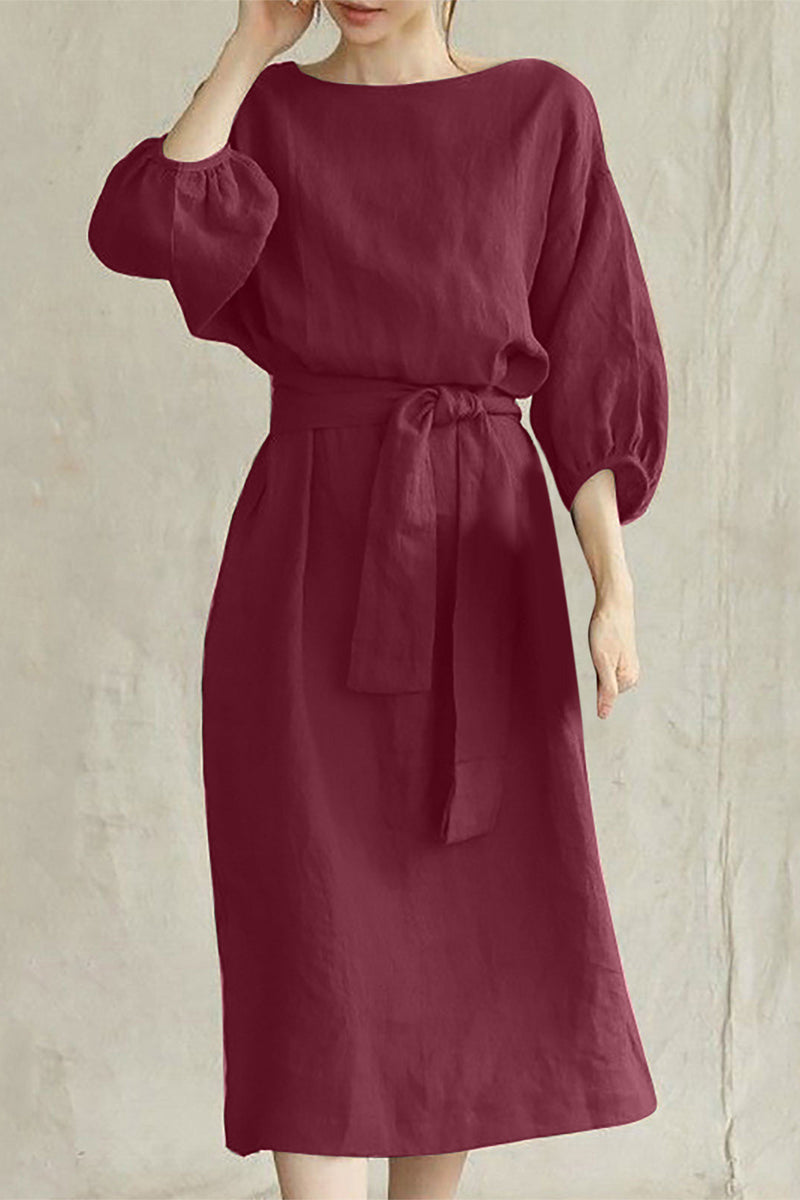 Modern Linen Blend Midi Dress with Tie Waist