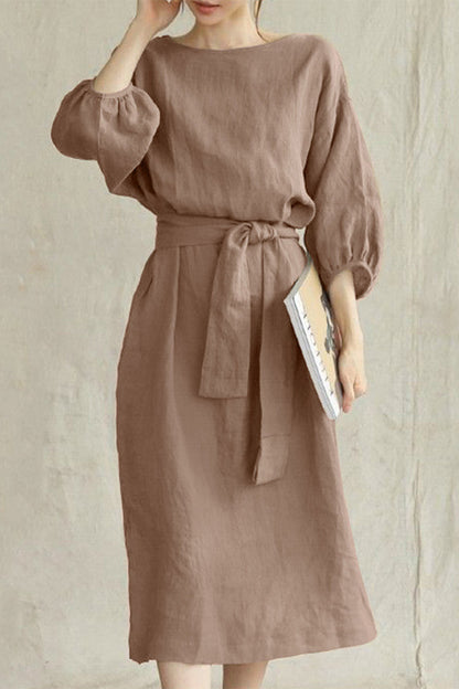 Modern Linen Blend Midi Dress with Tie Waist