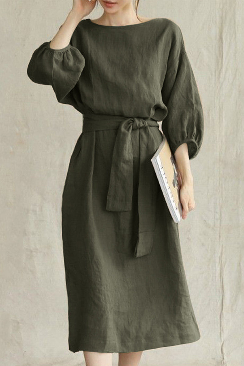 Modern Linen Blend Midi Dress with Tie Waist