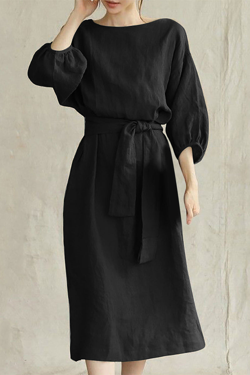 Modern Linen Blend Midi Dress with Tie Waist