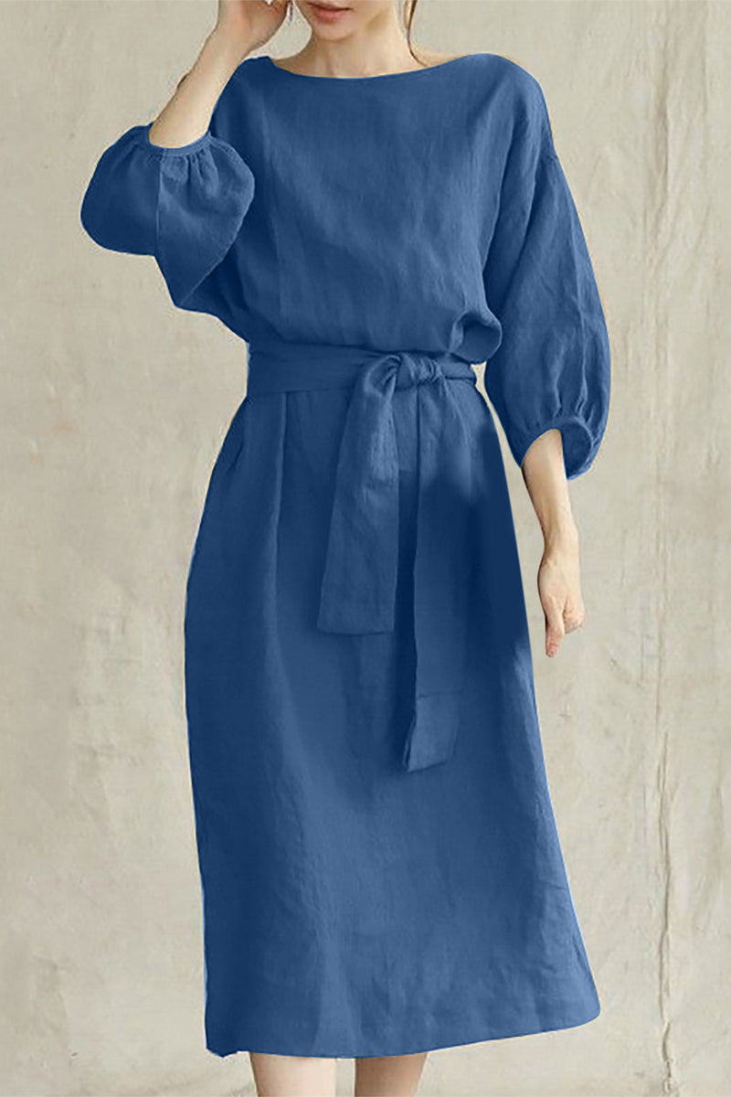 Modern Linen Blend Midi Dress with Tie Waist
