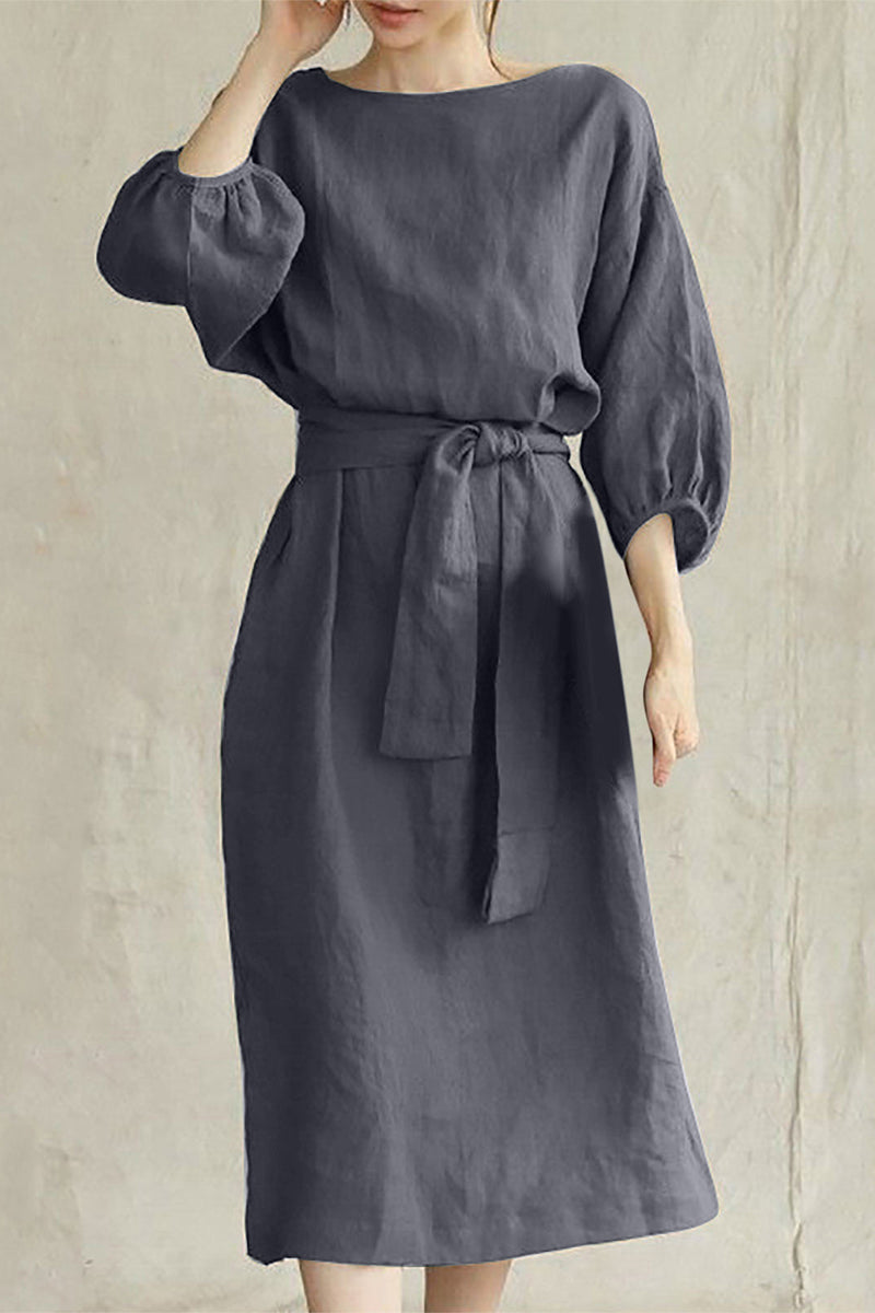 Modern Linen Blend Midi Dress with Tie Waist
