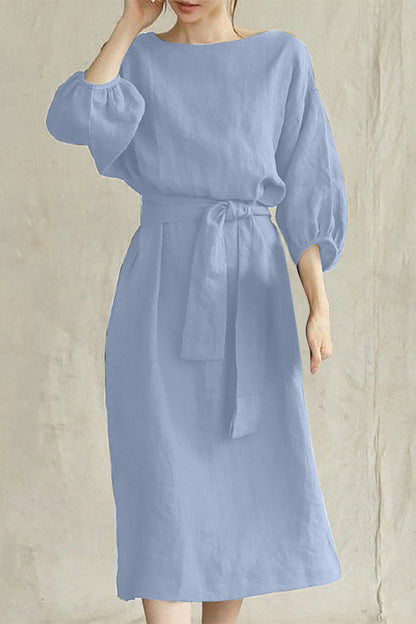 Modern Linen Blend Midi Dress with Tie Waist
