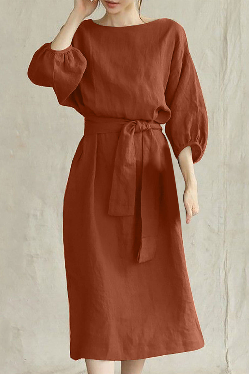 Modern Linen Blend Midi Dress with Tie Waist