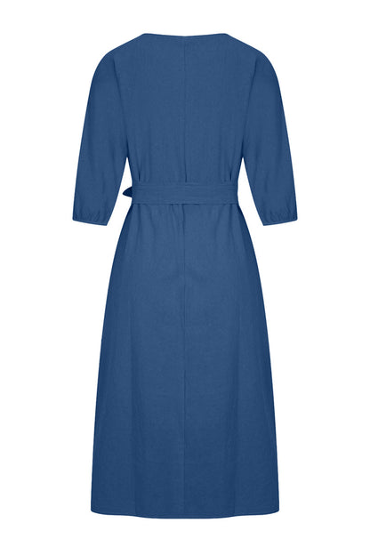 Modern Linen Blend Midi Dress with Tie Waist