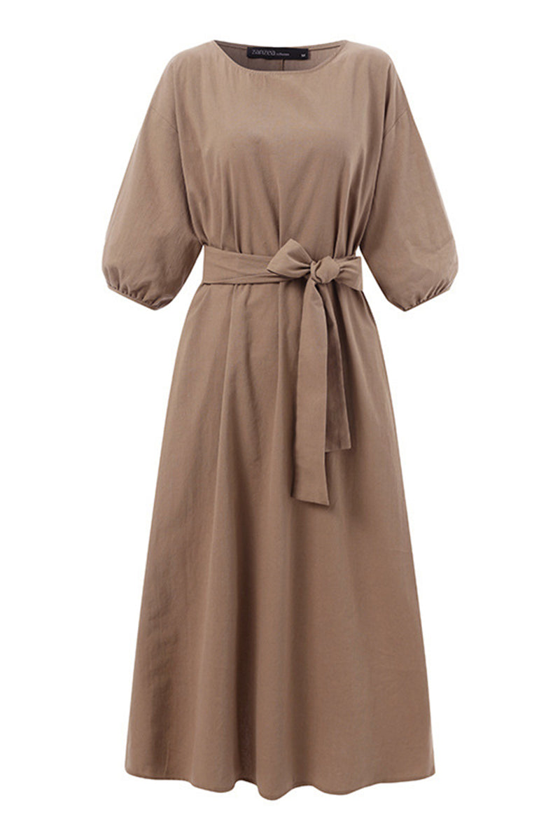 Modern Linen Blend Midi Dress with Tie Waist