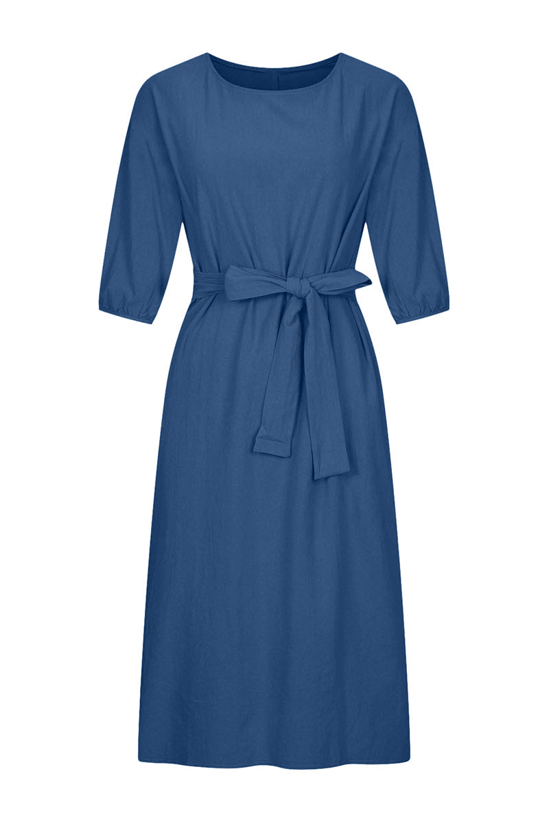 Modern Linen Blend Midi Dress with Tie Waist