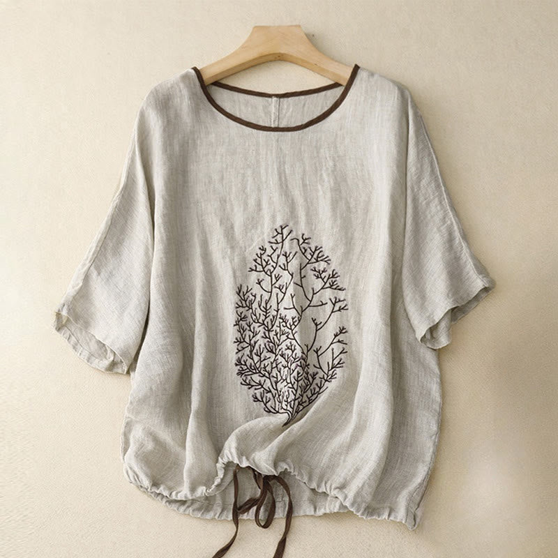Relaxed Textured Woven Top with Embroidered Tree Motif and Drawstring Hem