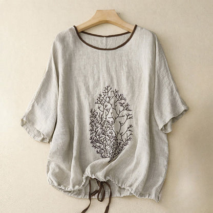 Relaxed Textured Woven Top with Embroidered Tree Motif and Drawstring Hem
