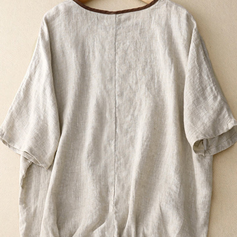 Relaxed Textured Woven Top with Embroidered Tree Motif and Drawstring Hem