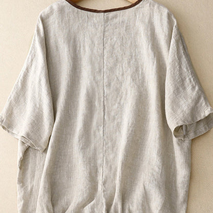 Relaxed Textured Woven Top with Embroidered Tree Motif and Drawstring Hem