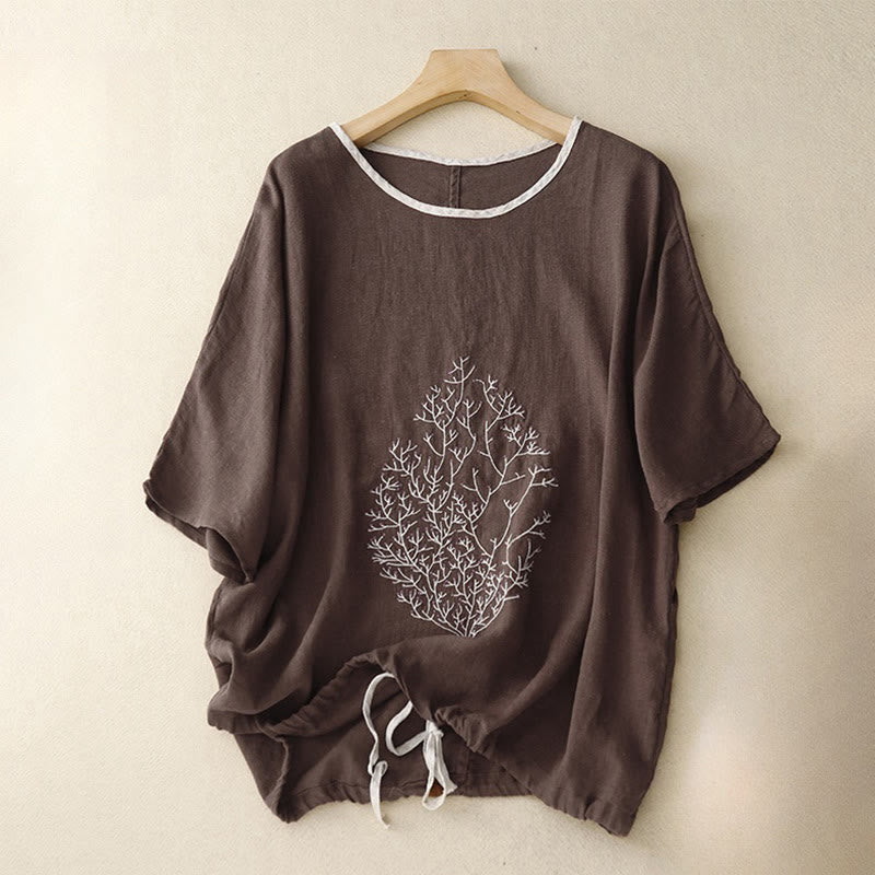 Relaxed Textured Woven Top with Embroidered Tree Motif and Drawstring Hem