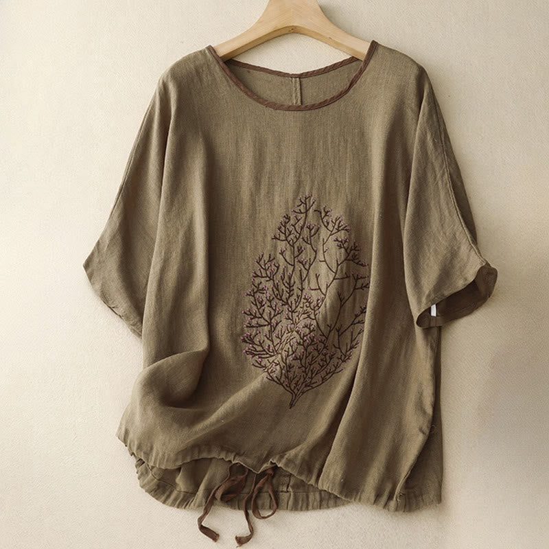 Relaxed Textured Woven Top with Embroidered Tree Motif and Drawstring Hem