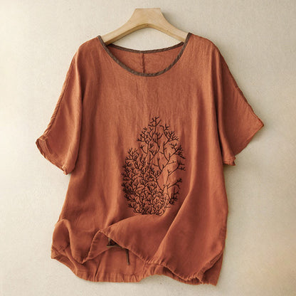 Relaxed Textured Woven Top with Embroidered Tree Motif and Drawstring Hem