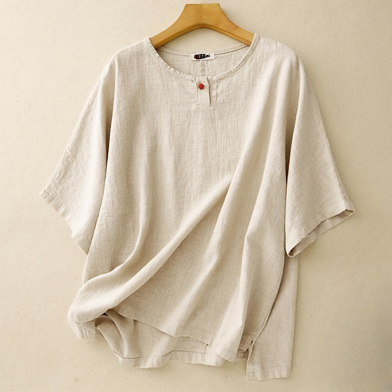 Oversized Woven Textured Tee with Button Placket and Curved Hem