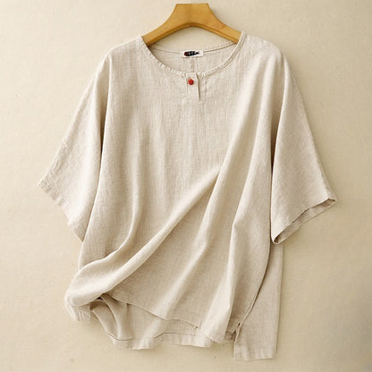 Oversized Woven Textured Tee with Button Placket and Curved Hem