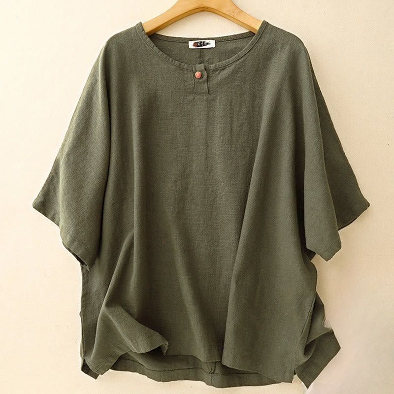 Oversized Woven Textured Tee with Button Placket and Curved Hem