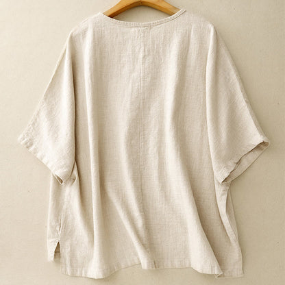 Oversized Woven Textured Tee with Button Placket and Curved Hem