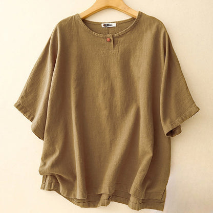 Oversized Woven Textured Tee with Button Placket and Curved Hem