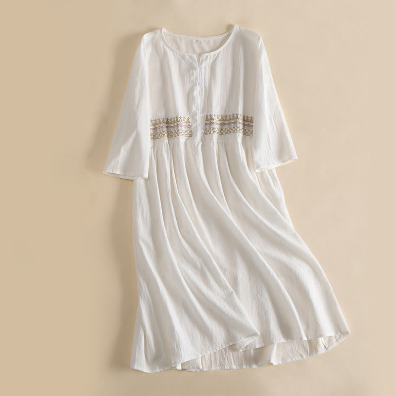 Relaxed Embroidered Midi Dress with Buttoned Neckline and Pockets