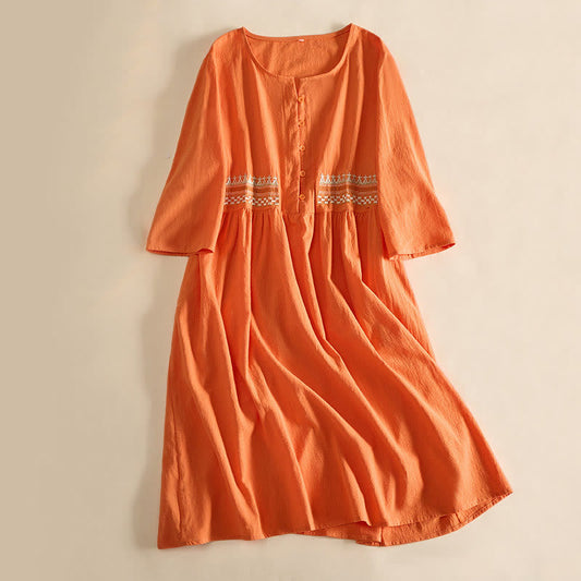 Relaxed Embroidered Midi Dress with Buttoned Neckline and Pockets