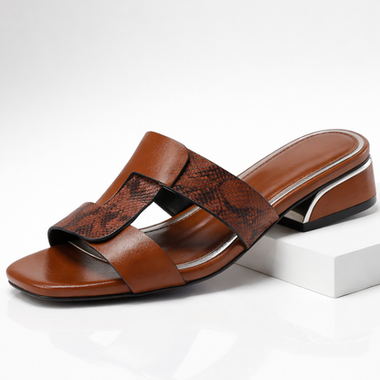 Snakeskin-Textured Strappy Slide Sandals with Sculpted Block Heel
