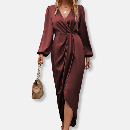 Draped Satin Midi Dress with Asymmetric Hem