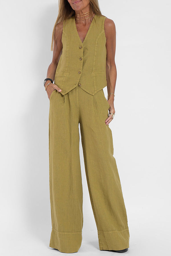 Tailored Linen-Texture Vest and Wide-Leg Trouser Co-ord Set