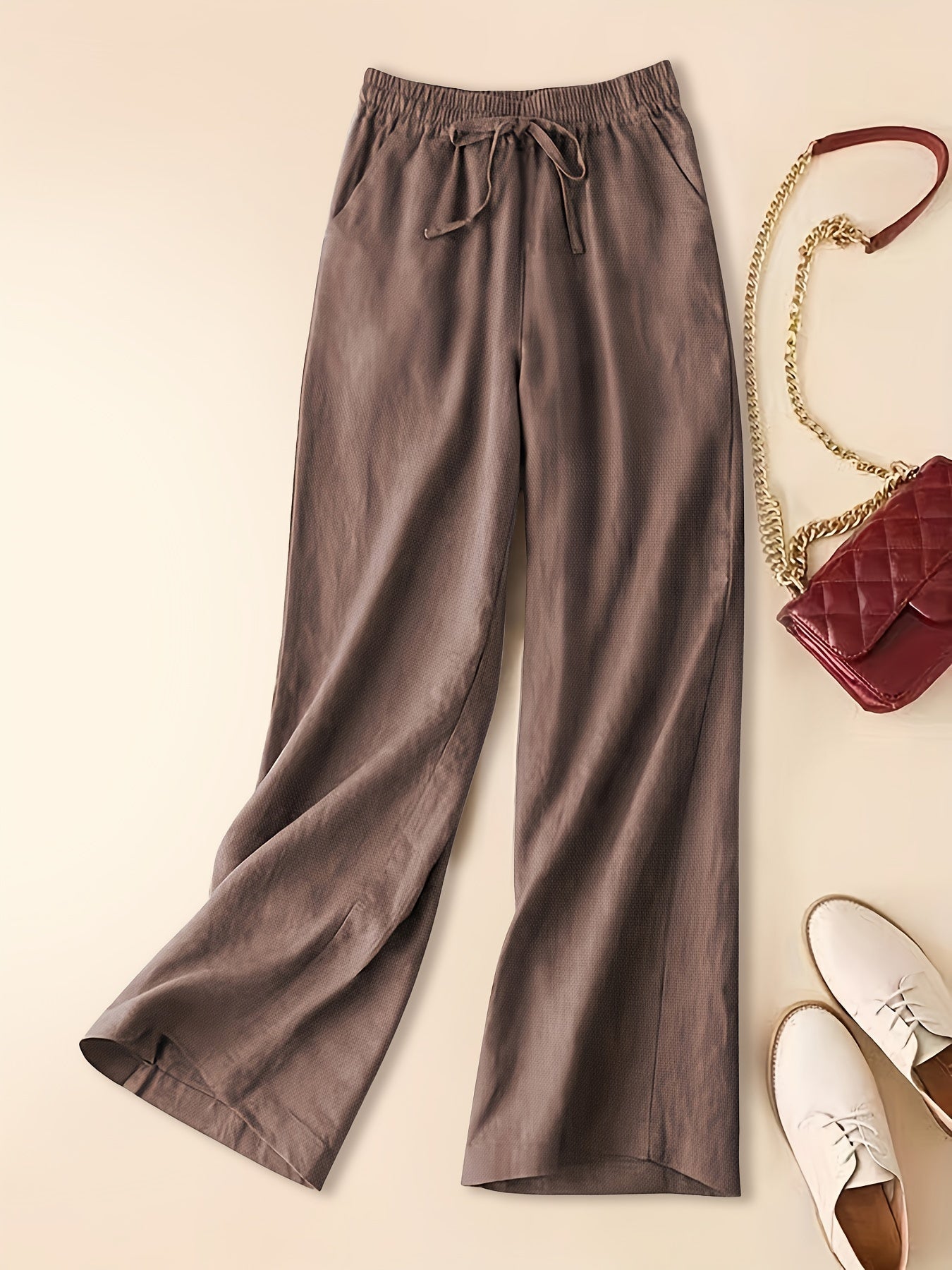 Lightweight Wide-Leg Linen Blend Drawstring Trousers