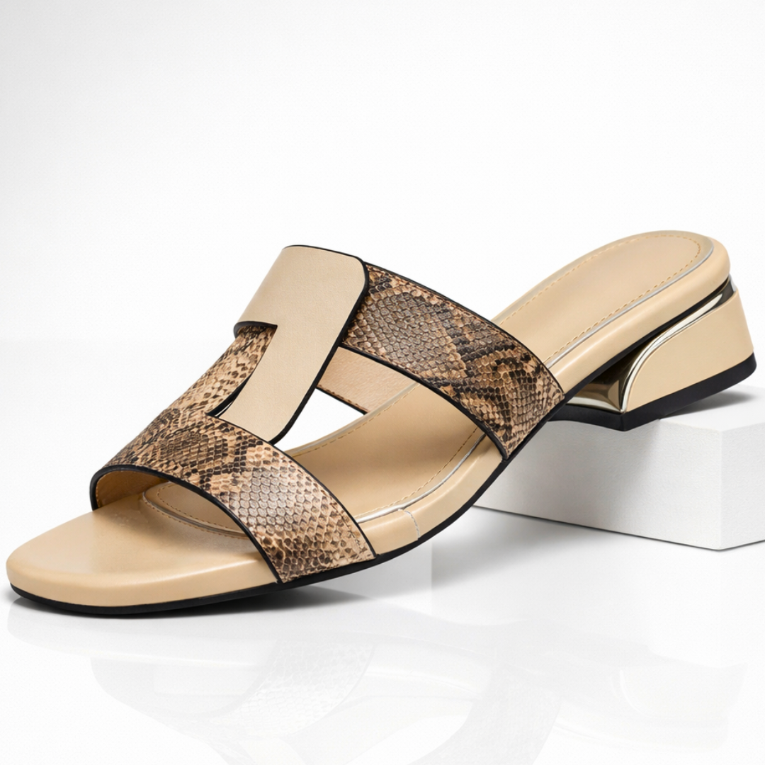 Snakeskin-Textured Strappy Slide Sandals with Sculpted Block Heel