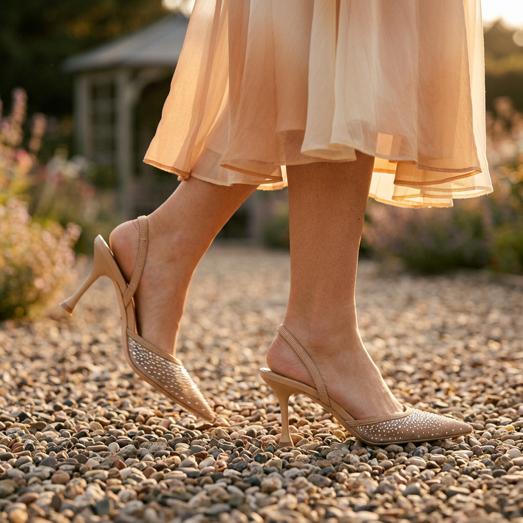 Elegant Mesh Slingback Pointed-Toe Stiletto Heels with Rhinestone Detail