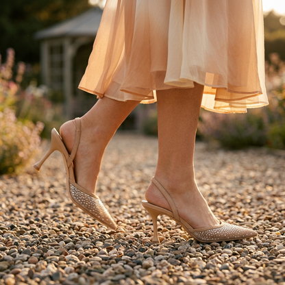 Elegant Mesh Slingback Pointed-Toe Stiletto Heels with Rhinestone Detail