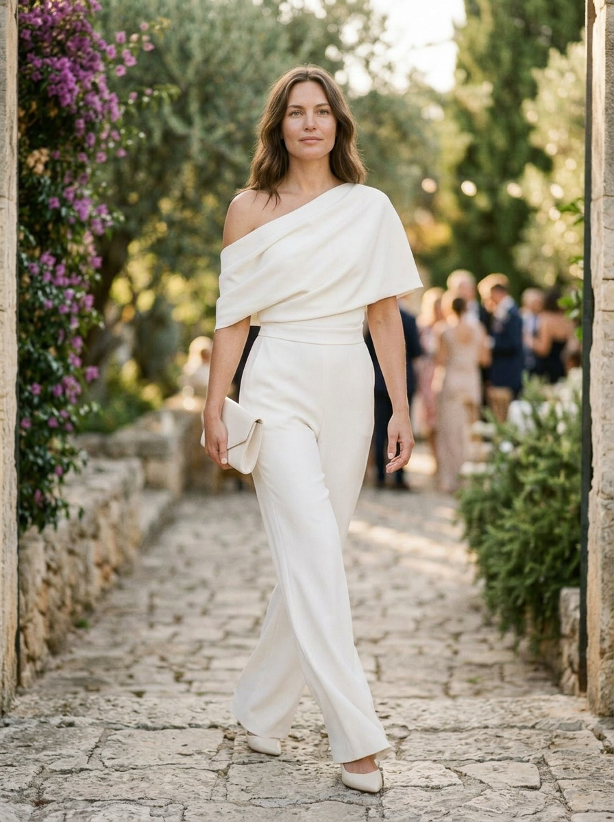 Jovina One-Shoulder Draped Bodice Jumpsuit with Wide-Leg Silhouette