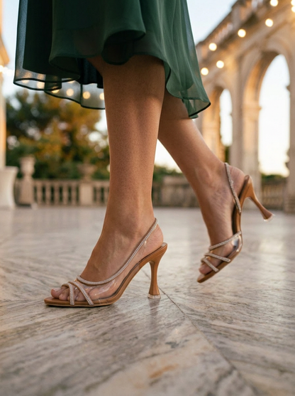 Elegant Rhinestone-Embellished Transparent Strap Flared High Heel Sandals