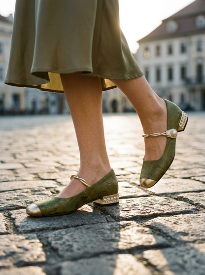 Elegant Brocade Mary Jane Shoes with Pearl-Embellished Metallic Strap