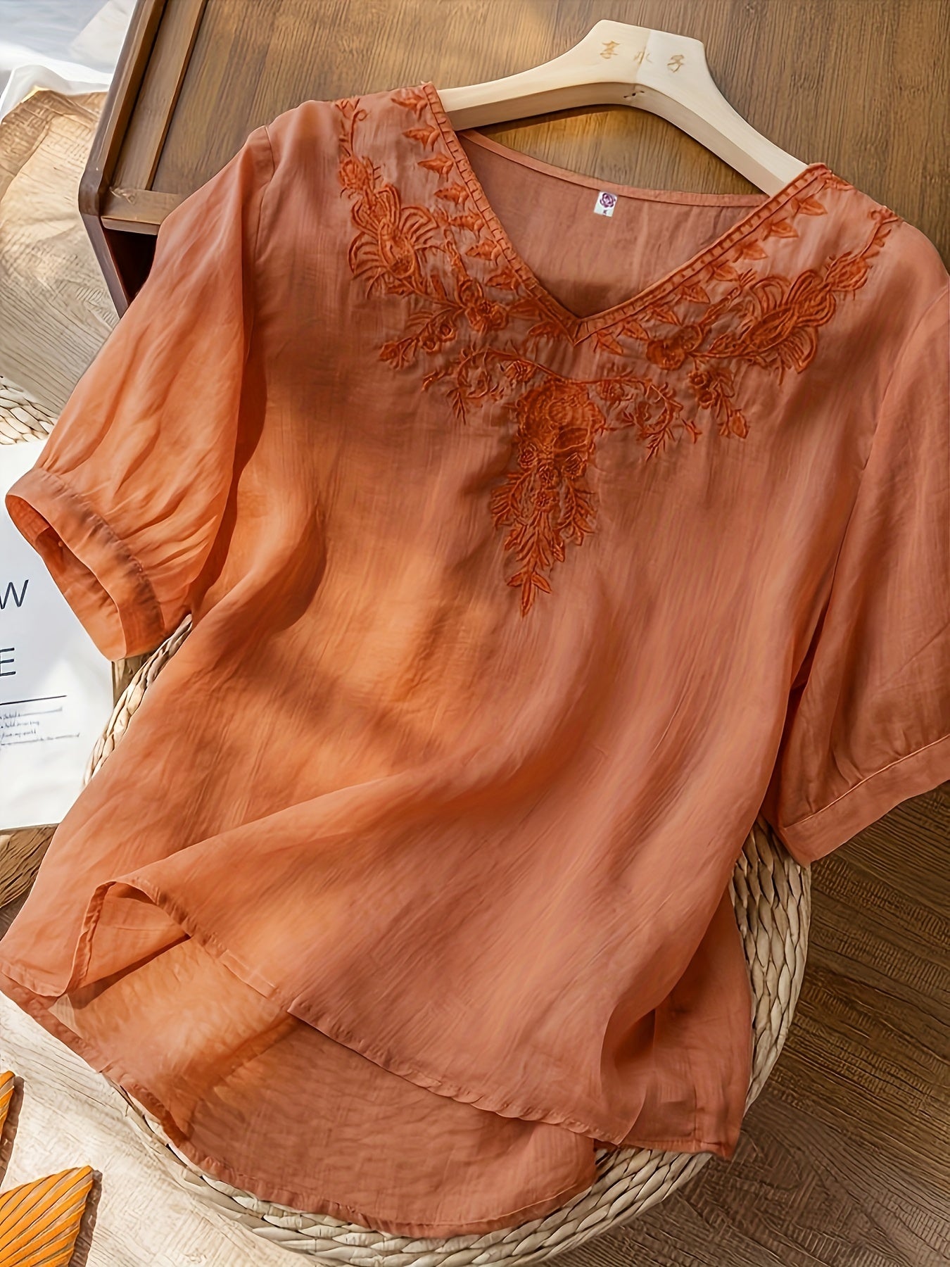 Embroidered V-Neck Relaxed Fit Tunic Blouse