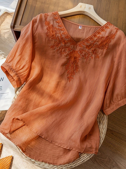 Embroidered V-Neck Relaxed Fit Tunic Blouse
