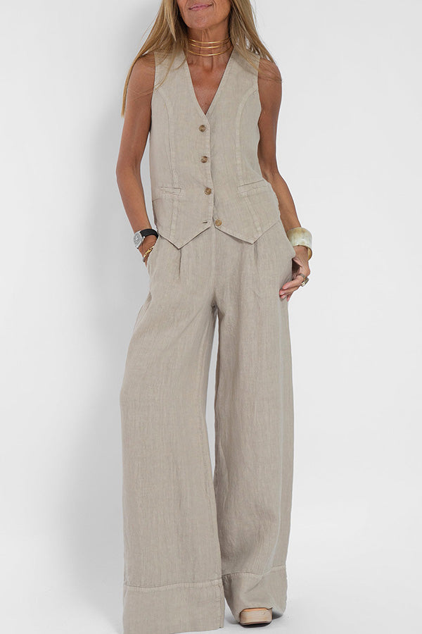 Tailored Linen-Texture Vest and Wide-Leg Trouser Co-ord Set