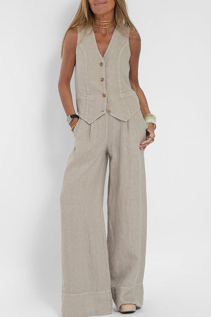 Tailored Linen-Texture Vest and Wide-Leg Trouser Co-ord Set