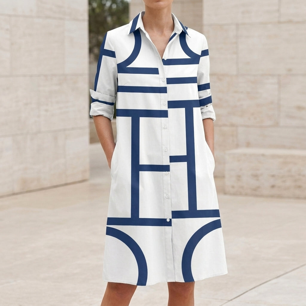 Relaxed Geometric Print Shirt Midi Dress with Pockets