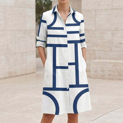 Relaxed Geometric Print Shirt Midi Dress with Pockets