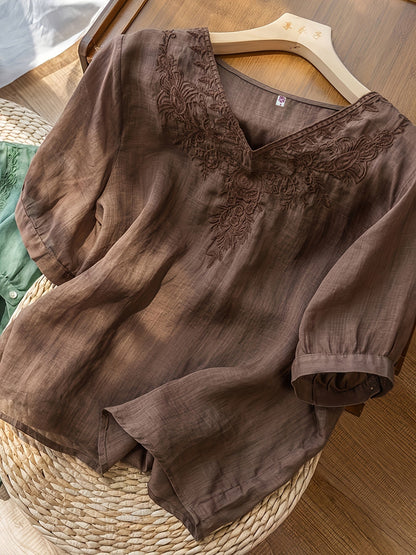 Embroidered V-Neck Relaxed Fit Tunic Blouse