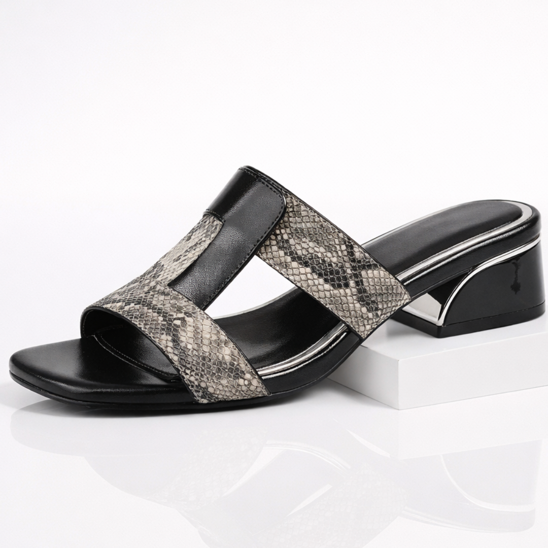 Snakeskin-Textured Strappy Slide Sandals with Sculpted Block Heel