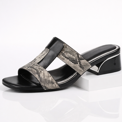 Snakeskin-Textured Strappy Slide Sandals with Sculpted Block Heel