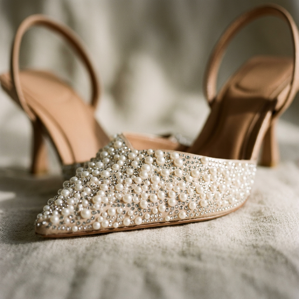 Embellished Pointed Toe Slingback Pumps with Pearl and Rhinestone Accents