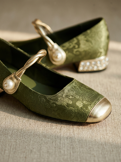 Elegant Brocade Mary Jane Shoes with Pearl-Embellished Metallic Strap