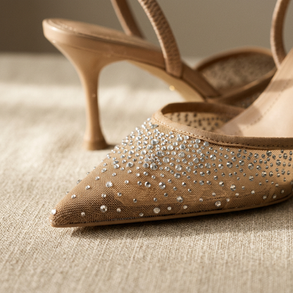 Elegant Mesh Slingback Pointed-Toe Stiletto Heels with Rhinestone Detail