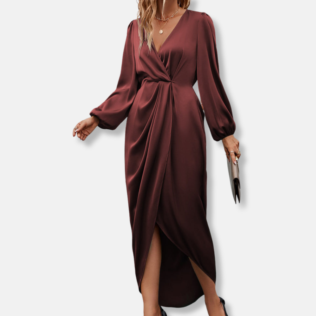 Draped Satin Midi Dress with Asymmetric Hem