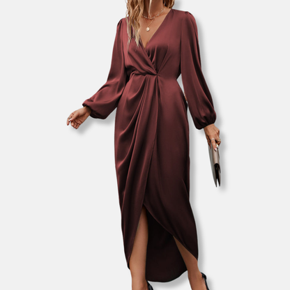 Draped Satin Midi Dress with Asymmetric Hem